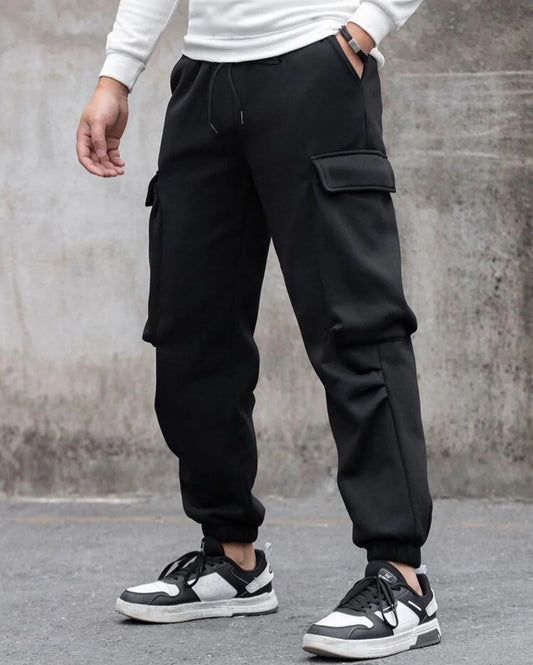mens black cargo trousers